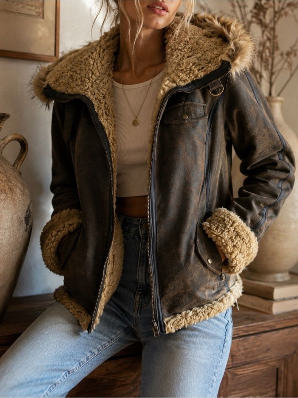 Boho Leather Aviator Jacket Womens M Brown Faux Fur Shearling Hood Distressed